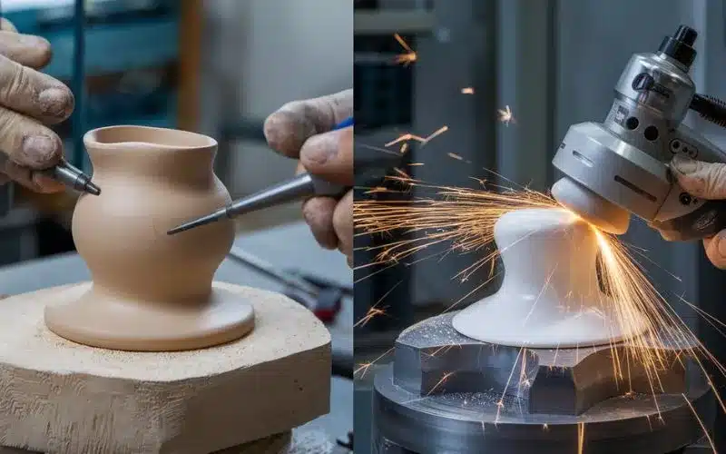 Ceramic components being polished with calcined alumina powder