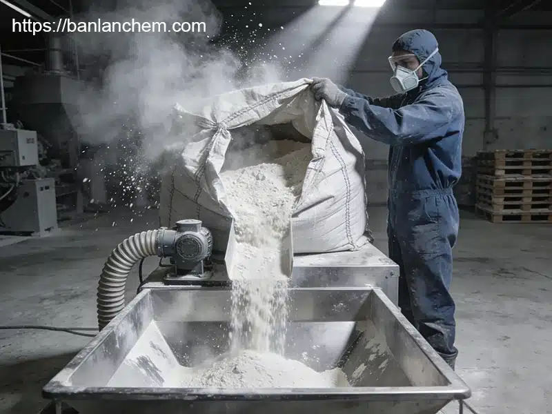 industrial handling of alumina powder showing airborne dust exposure during bag opening and feeding operations