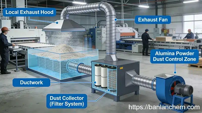 local exhaust ventilation and dust extraction system used to control alumina powder dust in factory environment