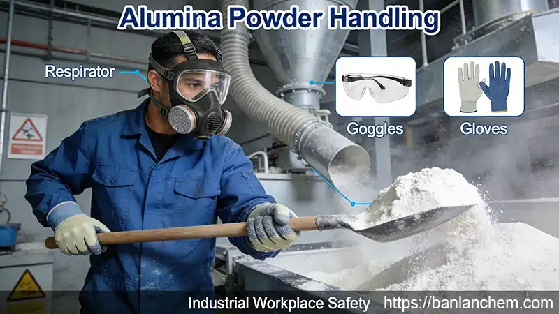 personal protective equipment including respirator goggles and gloves for safe alumina powder handling in industrial workplace