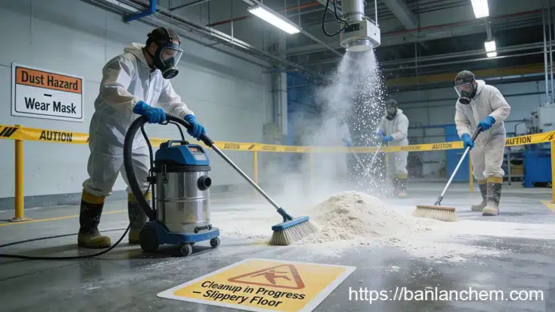 safe housekeeping and mechanical cleanup of alumina powder spill to reduce dust and slip hazards in factory